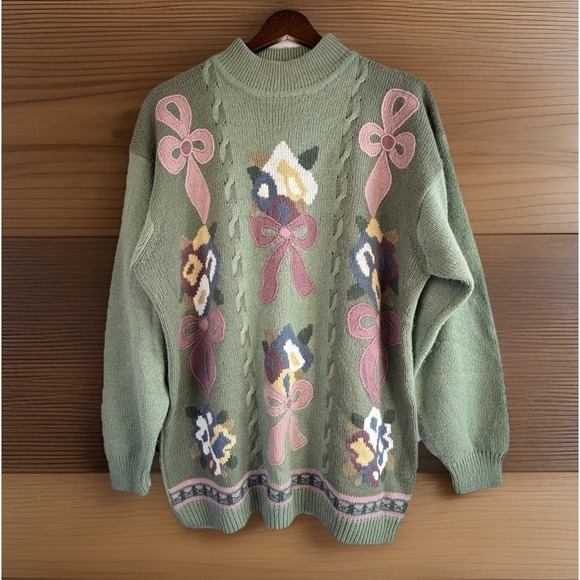 Alfred Dunner Sweaters - Vintage Sweater L Green Mockneck Long Twee Flowers Bows Fuzzy Embroidered Granny